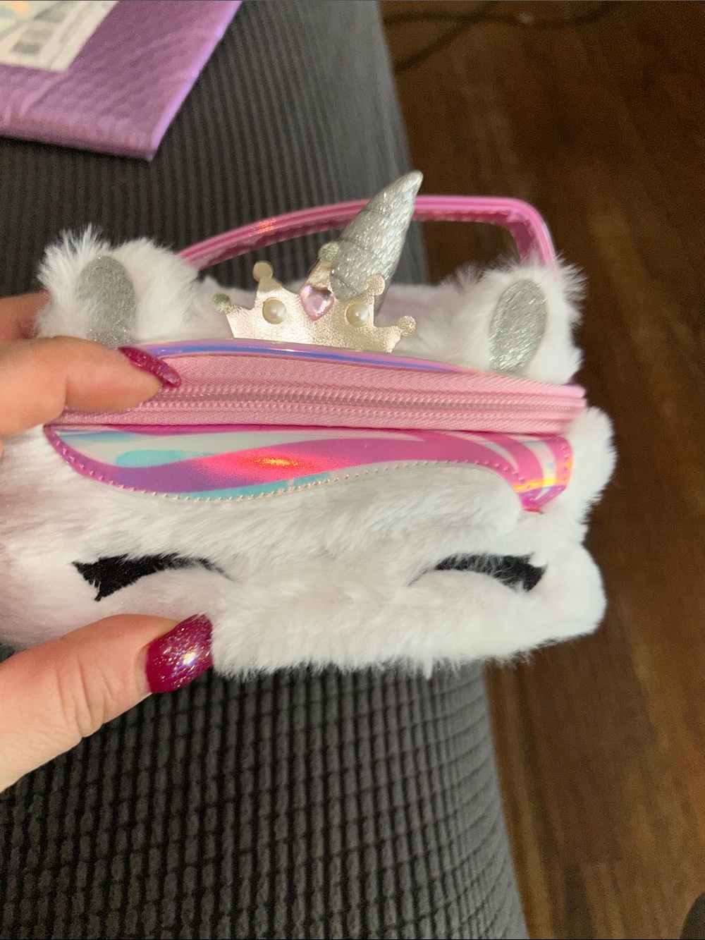 Claire's White Plush Unicorn Wristlet Pouch with Pink Accents